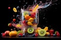 blender with colorful fruit slices flying into it