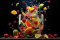 blender with colorful fruit slices flying into it