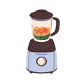 Blender, electric appliance with blending fruits inside pitcher on podium. Kitchen device for cooking healthy fresh