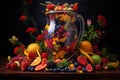 blender filled with colorful fruits for a smoothie