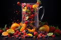 blender filled with colorful fruits for a smoothie