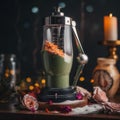 A blender filled with a green substance next to a candle. AI generative image. Royalty Free Stock Photo