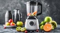 A blender full of fruit and vegetables is on a counter. Generative AI Royalty Free Stock Photo