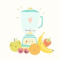 Blender and funny fruits for smoothie.
