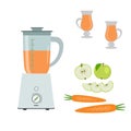 Blender, green apples and carrots, isolated on a white background