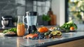 Blender on a modern kitchen countertop surrounded by healthy ingredients including salmon, avocado, blueberries, and leafy greens Royalty Free Stock Photo