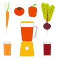 Blender, vegetables and vegetable juices. Sweet pepper, tomato, carrots, beets. Glasses with juice. Vector illustration, isolated. Royalty Free Stock Photo