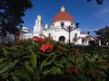 Flower garden and an old church standing gracefully in Semarang Royalty Free Stock Photo