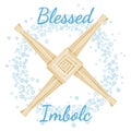 Blessed Imbolc beginning of spring pagan holiday text in a wreath of snowflakes with Brigid Cross. Vector postcard