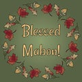 Blessed Mabon pagan holiday in fall leaves wreath ornament. Autumn orange and red foliage