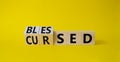Blessed vs Cursed word symbol. Turned wooden cubes with words Cursed and Blessed. Beautiful yellow background. Religious and