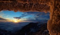 Mountain landscape. Winter, icy snow, sunrise. Spectacular sunrise in mountains - Ceahlau Mountains, landmark attraction Romania