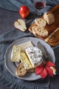 Bleu cendre, french mould cow`s milk cheese, bread and red pears Royalty Free Stock Photo