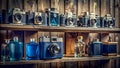 Bleu de Chanel on a Shelf with a Collection of Vintage Cameras generative AI