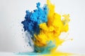 blew up colorful paints splashes in yellow and blue colors