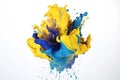 blew up colorful paints splashes in yellow and blue colors