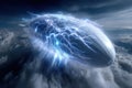 Blimp navigating through stormy skies with bright lightning effects Royalty Free Stock Photo
