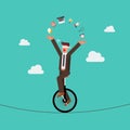 Blind businessman riding unicycle on a wire