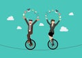 Blind businessman and woman riding unicycle on a wire