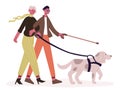 Blind couple with guide dog. Disabled man and woman walking with guide dog, blind couple and service animal vector Royalty Free Stock Photo