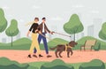 Blind couple with guide dog walking in the park. Woman going with male characters with stick outdoor. Cartoon characters