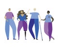 An blind-eyed albino with glasses and a white cane and a woman with a prosthetic leg as a concept of disability inclusion, a flat