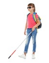 Blind girl with long cane walking on white