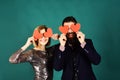 Blind love symbol and dating concept. Girl and bearded man