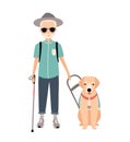 Blind man. Colorful image featuring visually impaired elderly with guide dog on white background. Flat vector cartoon Royalty Free Stock Photo