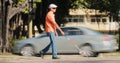 Blind Man Crossing The Road With Cars And Traffic Royalty Free Stock Photo