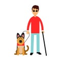 Blind man in dark glasses with walking stick and his dog colorful Illustration