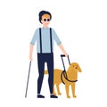 Blind man and guide dog isolated on white background. Guy with blindness, visual impairment or vision loss and service Royalty Free Stock Photo