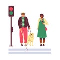 Blind man with a guide dog and stick crossing street at crosswalk, disabled people inclusion, blindness flat vector