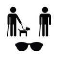 Blind man icons set - with guide dog, cane