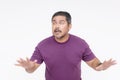 A blind man trying to search around with his hands. Wearing a purple shirt, isolated on a white background