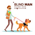 Blind Man Vector. Person With Pet Dog Companion. Blind Person In Dark Glasses And Guide Dog Walking. Cartoon Royalty Free Stock Photo