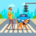 Blind Man Vector. Young Person With Pet Dog Helping Companion. Disability Socialization Concept. Blind Person And Guide Royalty Free Stock Photo