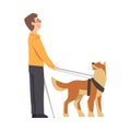 Blind Man Walking with Seeing Eye Dog on Leash, Trained Animal Helping Disabled Person, Rehabilitation, Handicapped Royalty Free Stock Photo