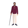 Blind man wearing sunglasses and holding cane isolated on white background. Male character with blindness, visual