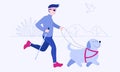 Blind man with white cane and guide dog running