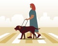 Blind pedestrian with guide dog, flat vector stock illustration with inclusive urban street and disabled pedestrian on pedestrian