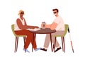 Blind people in dark glasses drinks coffee outdoor flat style