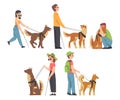 Blind People Walking with Seeing Eye Dogs on Leash Set, Trained Animal Helping Disabled Person, Rehabilitation Royalty Free Stock Photo