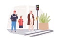 Blind person in glasses with cane stick crossing street at crosswalk. Modern city infrastructure for disabled people Royalty Free Stock Photo