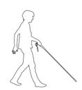 Blind person walking with stick vector line contour silhouette.