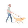 Blind with a stick. The blind man walks beside the dog with a guide.