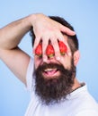 Blind of strawberry. Man bearded hipster hold hand with strawberries in front of eyes. Strawberry on my mind. Man can Royalty Free Stock Photo