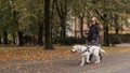 Blind woman in the company of a guide dog walking along a city park Royalty Free Stock Photo