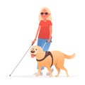 Blind woman on a walk with a guide dog on a white background. People with disabilities