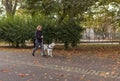 Blind woman walking in city park with a guide dog assistance Royalty Free Stock Photo